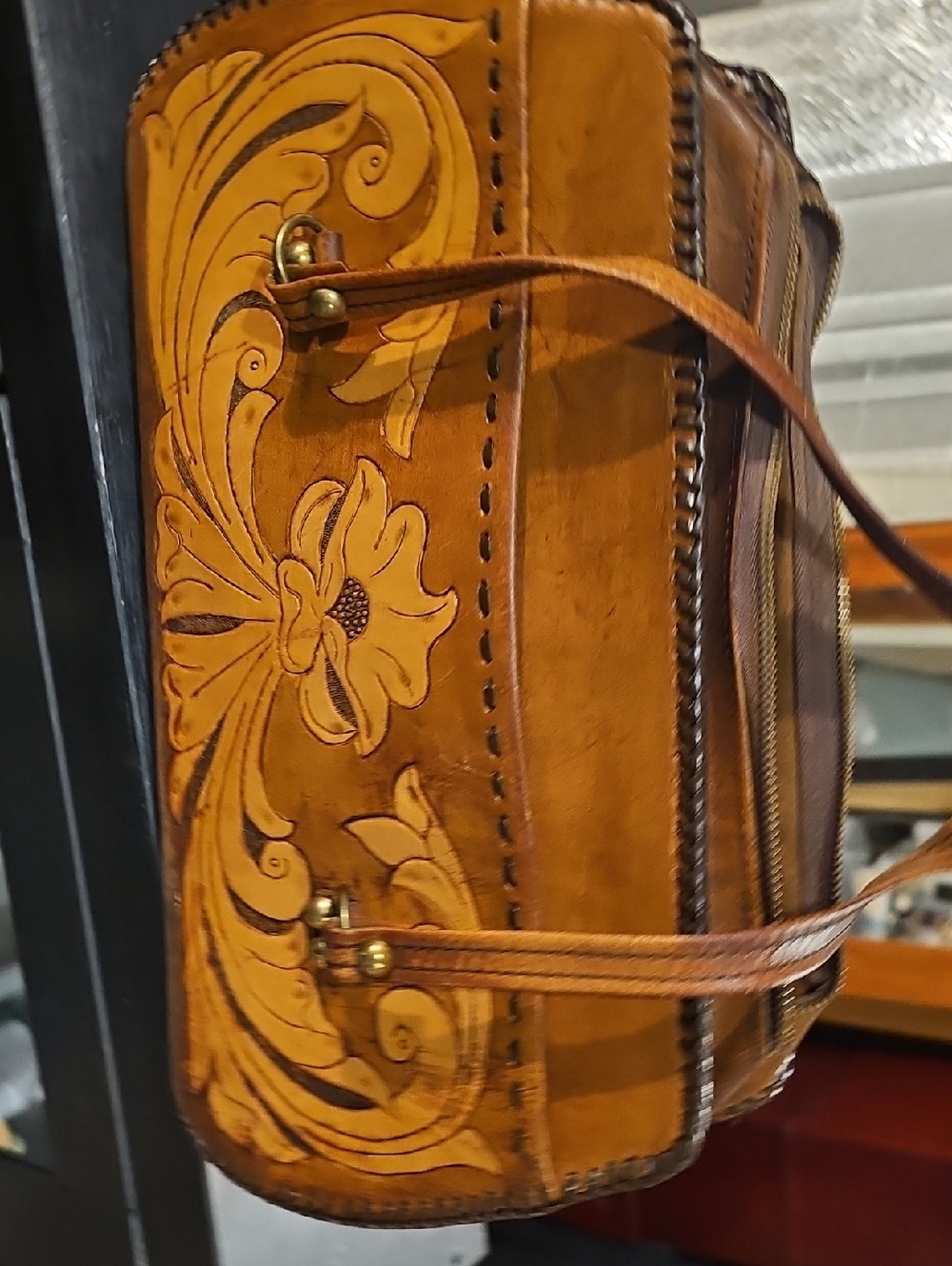 Hand-Tooled Floral Leather Shoulder Bag in Tan